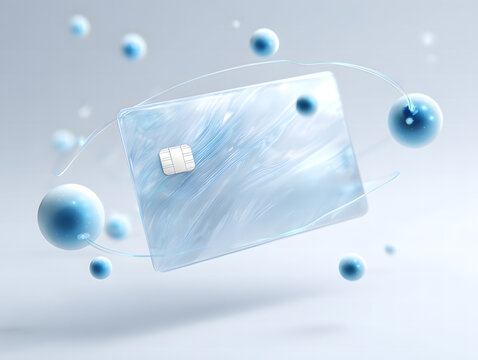 A floating translucent glass credit card with a frosted white finish, surrounded by glowing abstract lines and orbiting orbs