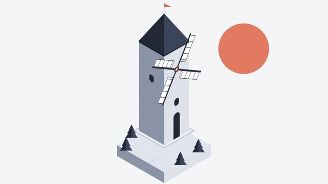 Isometric windmill illustration with sun and trees