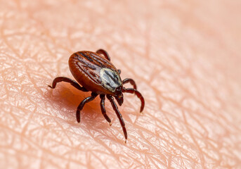 Garrapata sobre piel humana en primer plano macro, parasito peligroso para personas perros y mascotas, transmisor de enfermedades como Lyme, concepto de salud