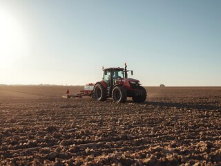 Fototapeta premium Modern red tractor plowing field at sunrise with golden light and dust