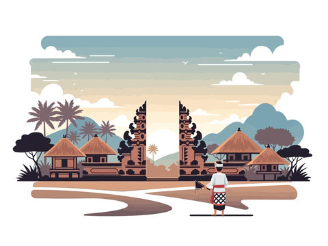 Stylized illustration of a Balinese temple entrance with thatched huts and a man