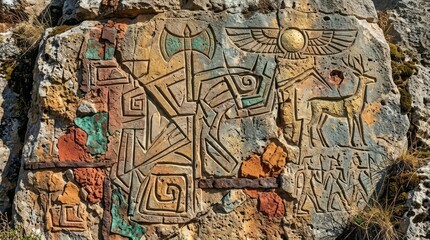 Obraz premium Ancient Rock Carvings with Colorful Designs Rock Carvings Ancient Art Petroglyphs Cave Drawings Historical Symbols Cultural Heritage Prehistoric. Concept featuring rock carvings, ancient art, petro...