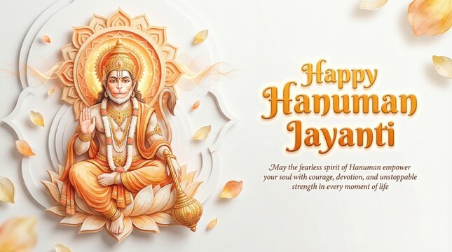 Happy hanuman jayanti celebration with hindu monkey god hanuman sitting on lotus flower with orange leaves