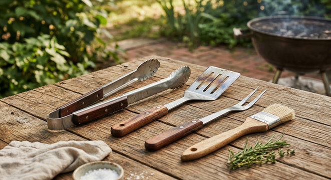 Barbecue grilling tools on rustic wooden table outdoors, summer cooking and bbq concept