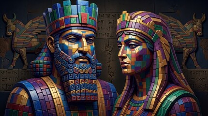 Obraz premium Colorful Mosaic King and Queen Portrait Mosaic King Queen Colorful Portrait Ancient Sculpture. Concept featuring mosaic, king, queen, colorful, portrait for professional commercial design.