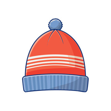 Red and blue striped winter beanie hat with pom pom icon illustration