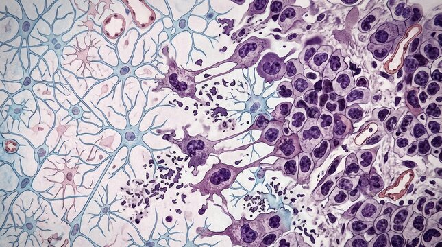 Microscopic View of Neurons and Glial Cells Neurons Glial Cells Microscopy Biological Sample Cell Structure Nervous System Neurobiology. Concept featuring neurons, glial cells, microscopy, biologic...