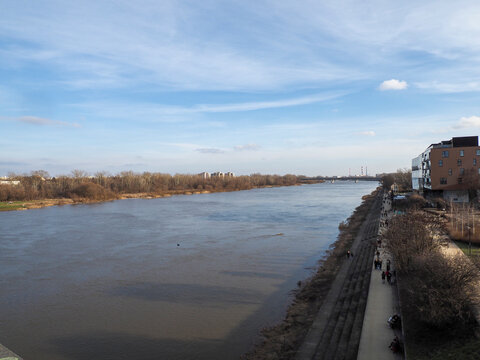 High angle view of the Vistula river and a walking path on embankment