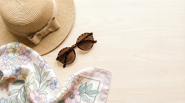 Straw hat with sunglasses and floral scarf on wooden background. Flat lay of female accessories for spring outfit. Vacation gear layout for travel concept, seasonal style and sunny holiday aesthetic