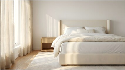 Fototapeta premium Bright Minimalist Bedroom with Sunbeams and Neutral Toned Linens