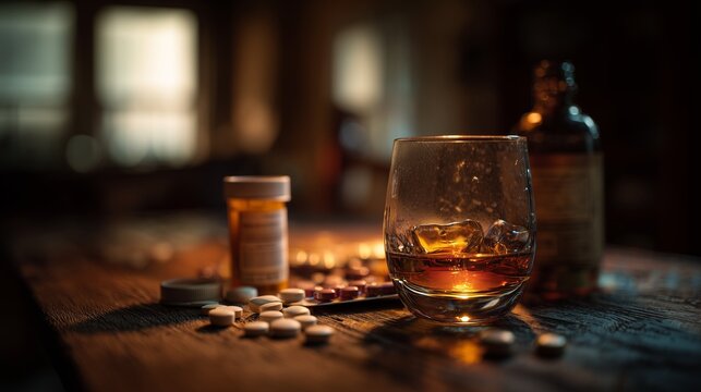 Glass of alcohol, pill bottle and scattered pill on table conveying drug abuse, substance misuse and addiction despair.
