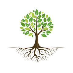 Fototapeta premium Stylized tree with visible roots and vibrant green leaves on white background