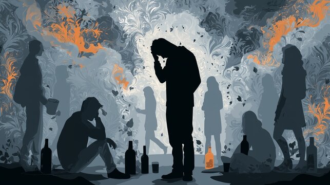 Silhouette of distressed person surrounded by isolated figures and bottles, symbolizing drug abuse usage addiction and despair in a desolate urban setting.