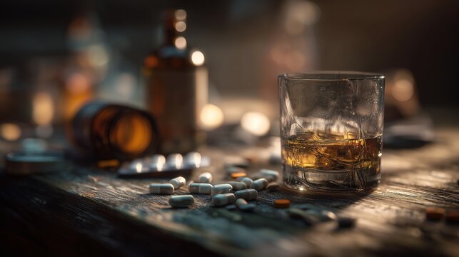 Glass of alcohol, scattered pill, blister pack, and medicine bottle on a wooden table symbolizing drug abuse, substance dependence and addiction behavior.