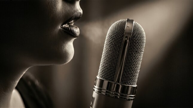 Woman singing into vintage microphone. Jazz singer performing on stage under spotlights. Musician capturing sound in recording