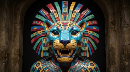 Obraz premium Colorful Mosaic Lion Sculpture Lion Sculpture Mosaic Colorful Art Design Tiles. Concept featuring lion, sculpture, mosaic, colorful, art for professional commercial design.