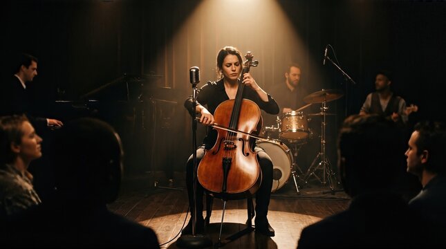 Woman cellist performing jazz music with band on stage under spotlight. Professional musician playing cello in club. Live concert atmosphere with audience watching