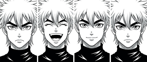 Manga style male character face expressions set showing different emotions including serious, happy, and neutral anime portrait illustrations in black and white
