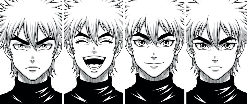 Manga style male character face expressions set showing different emotions including serious, happy, and neutral anime portrait illustrations in black and white