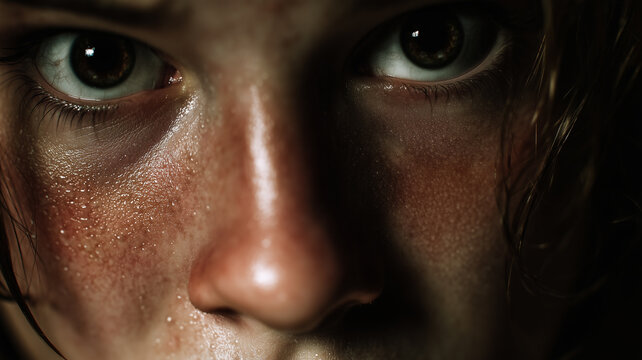 A panicked face with wide eyes, a tense expression, and sweat on his forehead.