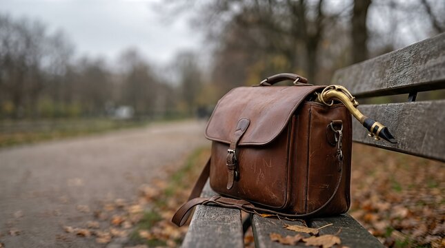 Old leather bag with saxophone mouthpiece on wooden bench in park. Jazz musician travel equipment. Classical music instrument storage for street