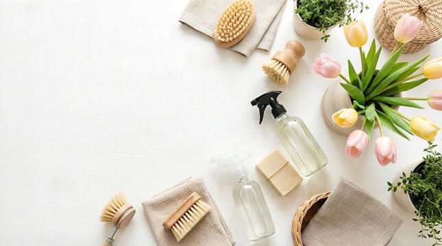 Spring cleaning equipment and supplies arranged on white table. Eco friendly housework tools and fresh tulip flower. Seasonal home organization and maintenance concept with copy space for chore list