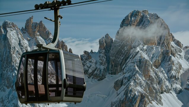 Elevated Gondola Over Icy Peaks. Gondola Traversing Rugged Mountain Peaks Above Glaciers. Passenger Gondola Navigating Rugged Alpine Ridges With Glimpses Of Distant Icy Glaciers