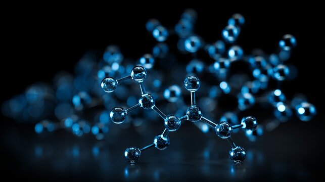 A 3D model of molecular structures in blue on a black background