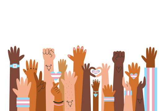 Diverse transgender hands, awareness and visibility banner. Cisgender and genderqueer hands with trans flag colors and symbols. Diversity and human rights concept.
