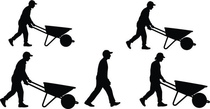 Silhouette illustration of workers pushing wheelbarrows in various walking poses, vector design for labor, construction, and manual work themes