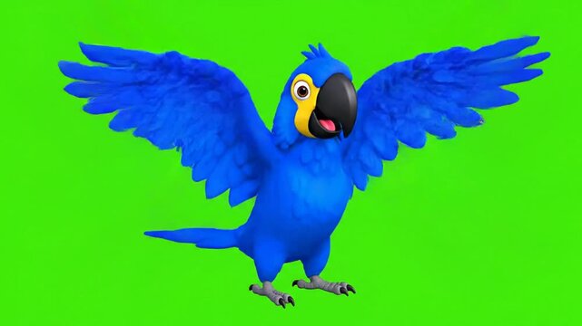 Professional 3D animation of a purple macaw parrot dancing and stretching or dancing on a green background