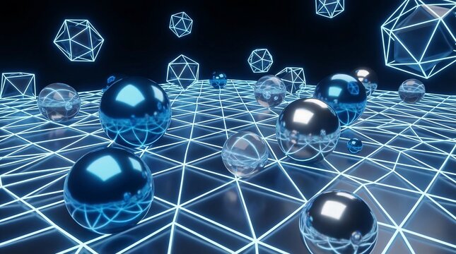Futuristic digital landscape with glowing blue wireframe grid, metallic chrome spheres and floating geometric polyhedrons, abstract data visualization concept