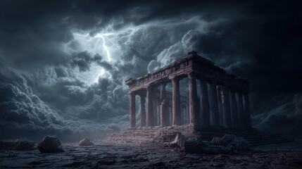 Fototapeta premium Space universe exploration, fantasy. A dramatic portrayal of the Parthenon temple, an ancient Greek temple, set against a stormy sky.