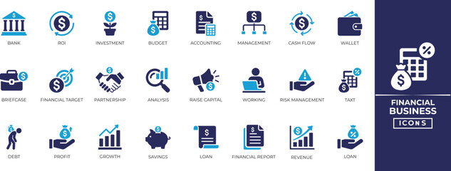 Fototapeta premium Financial business solid icon set includes accounting, debt,accounting, expense, management, budget, investment and more. Solid icon collection.