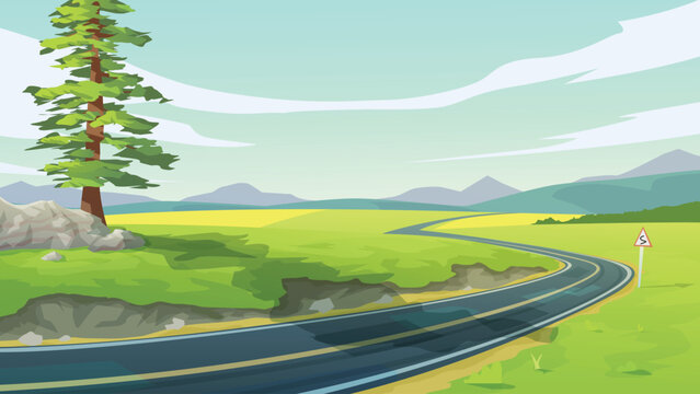 a curved road in green fields daylight