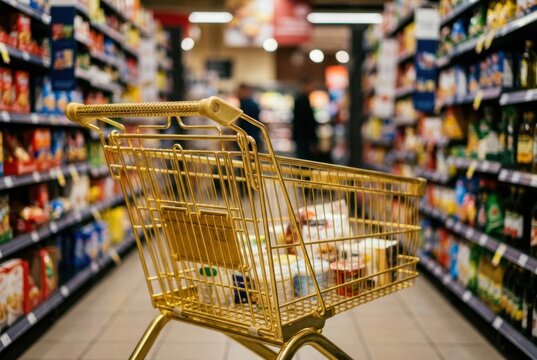 Symbolbild f&uuml;r steigende Lebensmittelpreise: Ein goldener Einkaufswagen im Supermarkt. Konzept f&uuml;r Inflation und hohe Lebenshaltungskosten