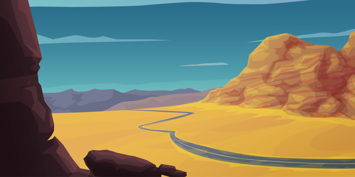 A rocky desert landscape with winding road