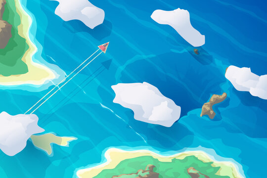 Aerial ship flying through tropical islands