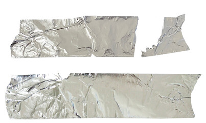 Set of duct silver tape on transparent background, torn and ripped with foil, hologram wrinkled texture, sticky adhesive stripes, grey crumpled paper isolated on white, PNG
