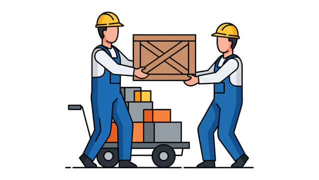 Warehouse Crew Maneuvering Cargo: Two workers in hard hats and overalls diligently carry a large wooden crate, with a cart laden with boxes beside them.