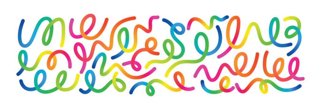 Abstract rainbow color squiggle lines pattern. Gradient ribbon curves with playful loops and flowing motion. Vibrant wavy strokes forming dynamic doodle shapes for modern background, kids design, part