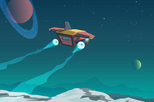 Spaceship flying over alien planet landscape