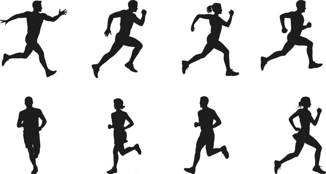 Silhouette set of people running in various athletic postures, fitness exercise, jogging motion, sports training, human movement illustration