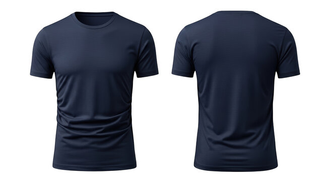 Front and back view of a plain dark navy blue tshirt isolated on transparent background