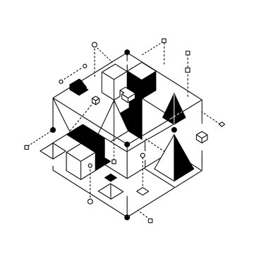 Abstract Geometric Composition with Isometric Shapes and Lines