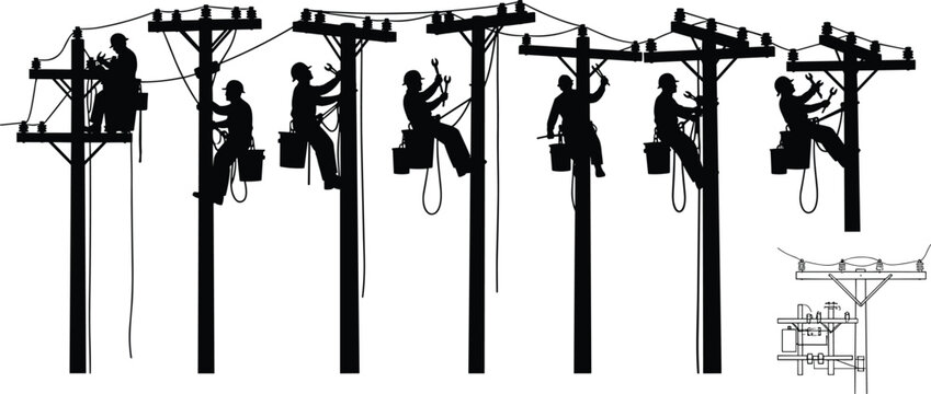 Silhouettes of utility workers maintaining electrical lines on poles with safety gear and tools, representing industrial work, electricity, and construction illustration