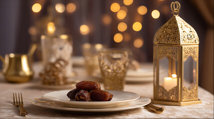 Fototapeta premium Warm Evening Dining Setting with Dates and Ornate Lantern: A Festive Table Decor for Special Occasions and Cultural Celebrations, Golden Hue