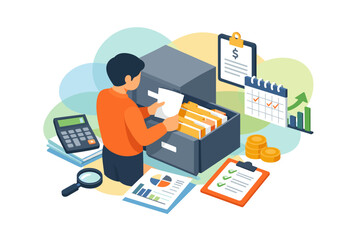 Fototapeta premium Man organizing financial documents in filing cabinet with calculator and charts.