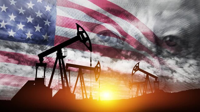 Oil price cap concept. Petroleum, petrodollar and crude oil concept. Oil pump on background of US dollar and USA flag. Dollar and oil pumps