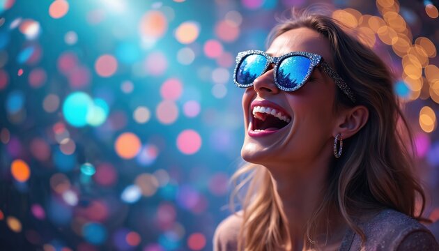 Young woman laughs, wears glitter sunglasses. Colorful confetti floats, vibrant lights glow. She celebrates joyfully at party, feels pure happiness, has fun, feels excited.